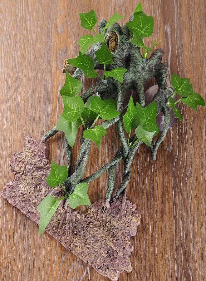 IBWell Resin Reptile Corner Branch with Rock, Amphibian Lizard Snake Climbing Ornament, Lifelike Terrarium Plant Decoration with Suction Cup - Image 3